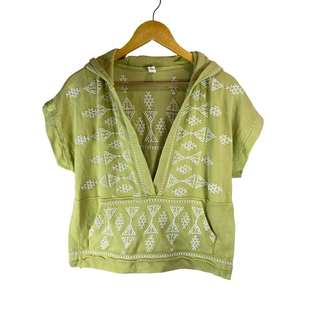 Anthropologie Daily Practice embroidered  Hoodie Top M Boho Boxy Coastal v neck